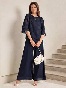Miaspire 女士优雅七分袖上衣和宽松长裤两件套 - 藏蓝色 - 查看 6