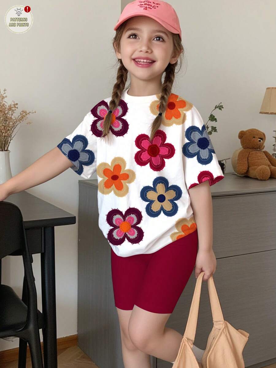 SHEIN 两件套：少女休闲可爱印花短袖T恤和复古红色短裤，适合夏季穿着 - 彩色 - 查看 1