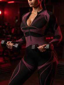 Innovista Seamless Women Pink Textured Long Sleeve Sport Jumpsuit Mesh Ventilation Panels High Stretch Breathable For Outdoor Yoga Indoor Cycling Boxing Winter Running Skiing Peloton Australian Open 2026 New Year Fitness Resolution Winter Sports Essential Active Recovery Wear Valentine Essentials Sport Overall - Red - View 10