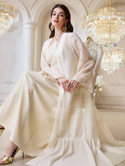 Al Najma Women's Elegant Embroidered Patchwork Halter Backless Cardigan Dress