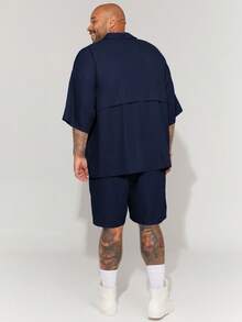 EASEVO 2pcs/Set Plus Size Men's Casual Loose Woven Short Sleeve Shirt Set, Suitable For Summer Daily Wear - Royal Blue - View 2