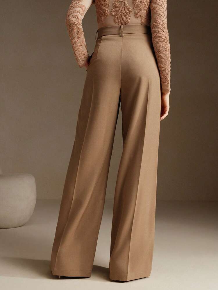Anewsta Tall Women's Office Khaki Color Embroidered Hem Extended Length Suit Pants