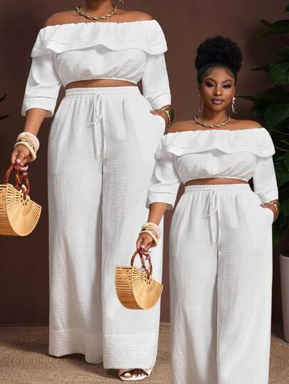 Veslaya 大码 2025 最新春夏套装 - 露肩荷叶边 5/短袖短款竹纤维上衣 + 高腰阔腿裤，配有抽绳和口袋，适合海滩、度假村、音乐节、复古西部、休闲、旅游、城市度假