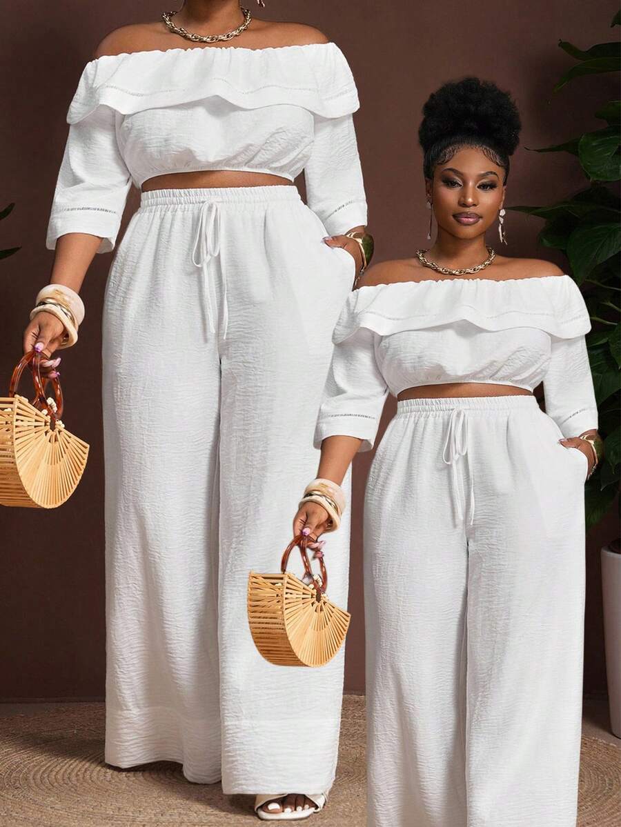 Veslaya Ensemble printemps-été 2025 grande taille - Top court à manches 5/courtes avec volants à l'épaule et texture de bambou + Pantalon taille haute à jambe large avec cordon de serrage et poches. Convient pour la plage, la villégiature, les festivals de musique, le style western vintage, les sorties décontractées, le tourisme, les vacances en ville - Blanc - Voir 1