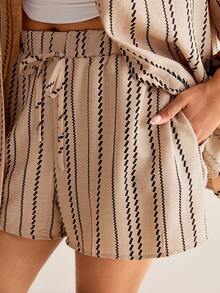 SHEIN VCAY Women's Plus Size Summer Beige Striped 2 Pieces Set,Boho Beach Holiday Cardigan Jacket&Drawstring Shorts,Loose Vacation Style Casual Outfits Suit - Khaki - View 9