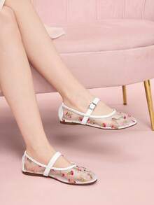 CUCCOO DOLLMOD Women's Floral Pattern Buckle Design Flat Casual Shoes Valentine's Day - White - View 3