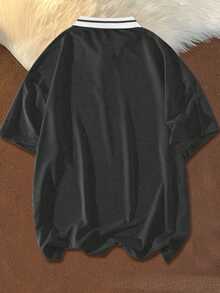 Manfinity Campus Court Áo polo tay ngắn in chữ phối màu cỡ lớn, kiểu dáng thường ngày. - Màu xám đen - Xem 2