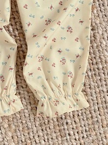 2 pezzi Set di abbigliamento casual da casa per ragazze, composto da top a maniche lunghe con patchwork floreale e pantaloni - Giallo - Visualizzare 5