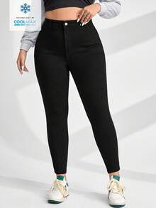 SHEIN ICON 大码休闲纯色修身牛仔裤 - 黑色 - 查看 1