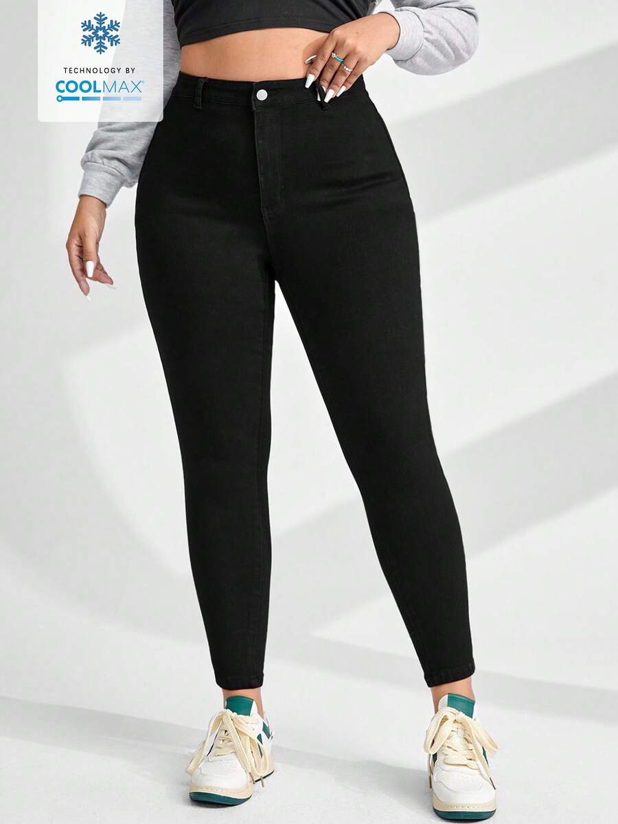 SHEIN ICON 大码休闲纯色修身牛仔裤 - 黑色 - 查看 1