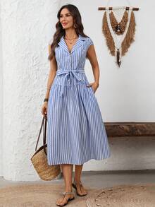 EMERY ROSE 女士条纹翻领短袖单排扣休闲口袋连衣裙 度假装扮 女士度假连衣裙 女士休闲连衣裙 - 藍白色 - 查看 3