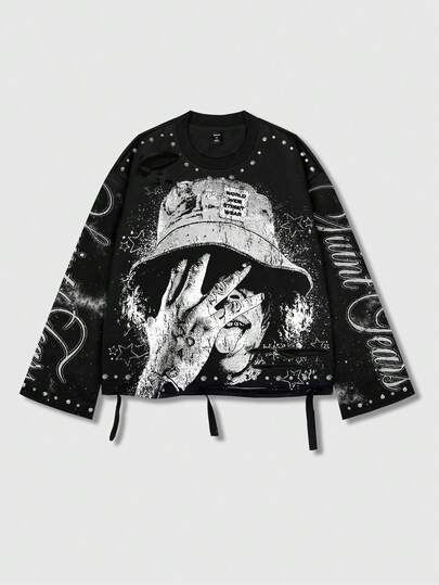 Street Life Camiseta de manga larga con cuello redondo para hombre, estilo vintage de calle con gráfico de santo desgastado