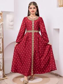 SHEIN Tween Girl Elegant V-Neck Floral Print Gold Ribbon Trim Long Sleeve Dress - Red - View 3