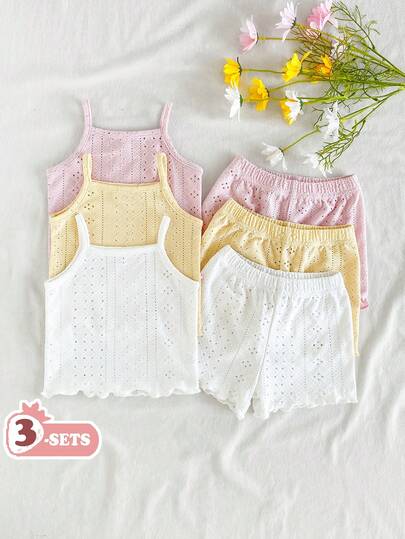 SHEIN Vintaside Kids 女婴舒适百搭甜美可爱吊带背心短裤套装，多件套，夏季