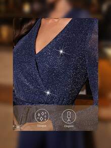 Gownix Women's V-Neck Long Sleeve Shiny Metallic Fabric Bowknot Waist Belt Slim Fit Jumpsuit, Elegant For Daily Wear, Party, Autumn/Winter Elegant Jumpsuit For Women Blue Glittery Jumpsuit - Blue - View 11