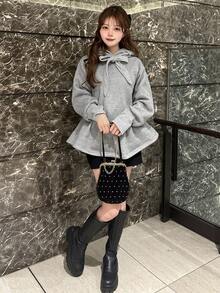 FRIFUL 女士宽松卫衣，荷叶边下摆，蝴蝶结领口装饰，灯笼袖，甜美风格