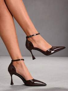 CUCCOO SZL Zapatos de tacón alto para mujer, nuevos para otoño, zapatos de vestir para mujer de punta en color marrón, tacón en forma de copa de vino, punta cerrada, elegantes tacones de aguja de 9.5 cm, con correa trasera y material de PU, tacones altos burdeos versátiles y cómodos, adecuados para uso diario, fiestas, Navidad, Acción de Gracias, San Valentín, citas y eventos