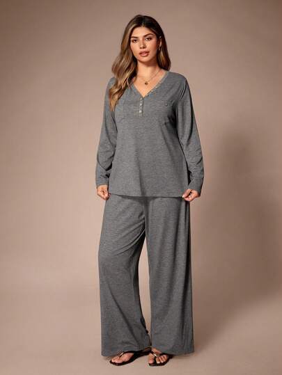 Lazeform Plus Size Casual V-Neck Half-Zip Button Decor Dual Pocket Long Sleeve Pajama Set