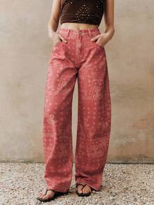 Anewsta 女士时尚、优雅、浪漫派对及休闲度假红色波西米亚印花牛仔裤 - 紅色 - 查看 2