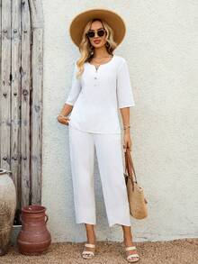 EMERY ROSE 女士休闲纯色翻领衬衫和七分裤套装，夏季 - 白色 - 查看 4