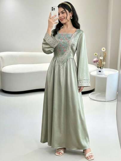 SHEIN Teen Girl Green Woven Patchwork Printed Gold Ribbon Casual Dress Abayas For Girls Abaya Dress For Girls Light Green Modest Dress Long Modest Dresses For Girls And Ladies Teen Modest Dress