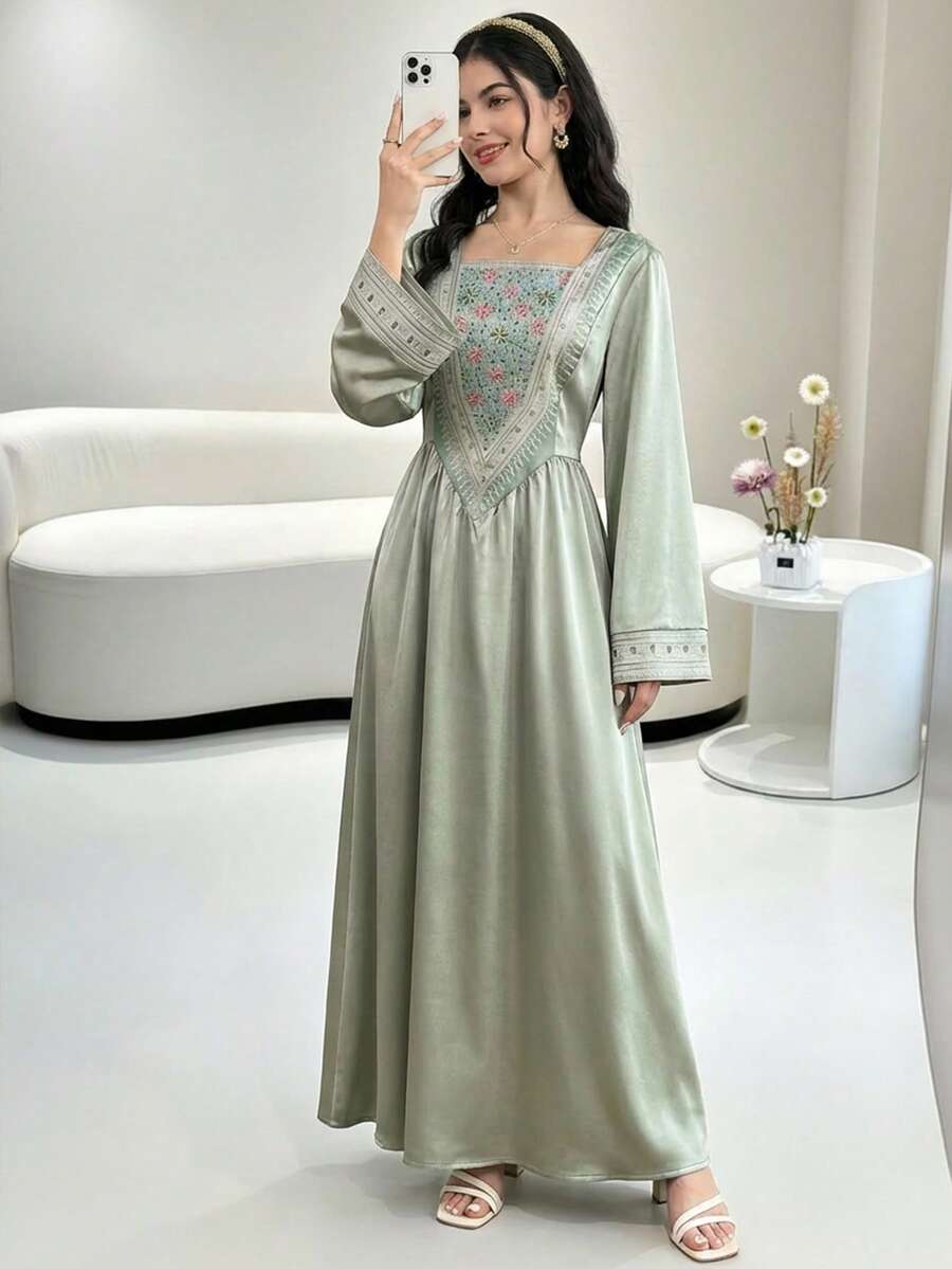 SHEIN Teen Girl Green Woven Patchwork Printed Gold Ribbon Casual Dress Abayas For Girls Abaya Dress For Girls Light Green Modest Dress Long Modest Dresses For Girls And Ladies Teen Modest Dress - Green - View 1