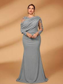 Serin 大码优雅浪漫奢华灰色弹力针织撞色网纱不对称荷叶边修身鱼尾裙，适合晚宴、约会、舞会、度假、婚礼、新娘母亲礼服 - 灰色 - 查看 6