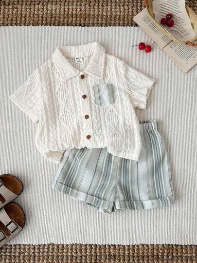 2pcs Baby Boy Summer Casual Vacation Cute Green Striped Pocket Decor Short Sleeve Shirt & Elastic Waist Shorts Set