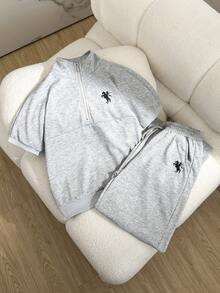 2pcs/Set Tween Girls Casual Outfit, Polo Zipper Half-Turtleneck Short Sleeve Sweatshirt Top With Loose Fit And Oversized Wide Leg Pants, Sports Pants Set, Suitable For Daily Wear And Workout - Grey - View 3