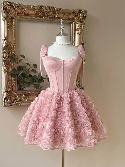 Lovelzi Elegant, Romantic, Fashionable Coffee-Colored Satin Strapless Mermaid Dress With 3D Floral Decor And Ruffle Hem, Suitable For Singles Party, Wedding, Graduation, Vacation, Afternoon Tea, And Formal Occasions