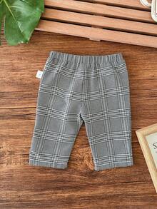 Pantalones casuales y versátiles de cuadros grises con cintura elástica para bebé niña recién nacida, estilo escolar - Gris - Ver 2