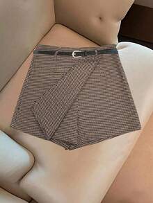 Franclia Quần váy ngắn công sở dáng mini dành cho nữ cỡ lớn, kiểu dáng mới mùa xuân, họa tiết răng cưa, đa năng, thích hợp đi làm, có thắt lưng, thanh lịch, quần short họa tiết răng cưa, quần short cạp cao, quần short nữ có khóa kéo, quần short nữ. - Cà phê nâu - Xem 3