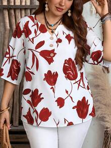 EMERY ROSE Plus Size Women's Summer Casual Vacation Floral Print Notched Neck 3/4 Sleeve Loose Blouse, Spring/Summer,Spring Break,Vacation,Holiday,Going Out,2026 New,Simple And Fashionable For Everyday Wear - Multicolor - View 7