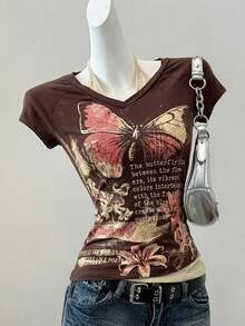 SHEIN EZwear 女士Y2K休闲时尚街头度假风标语蝴蝶印花插肩袖撞色露背修身T恤，夏季 - 棕色 - 查看 4
