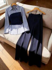 Franclia 时尚法式风女式蓝白条纹拼接腰部衬衫，修身设计，搭配高腰阔腿直筒裤，翻领商务休闲两件套，复古蓝色系，适合办公室穿着 - 藍色 - 查看 3