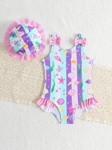SHEIN Maillot de bain une pièce pour bébé fille avec nœud décoratif rayé, plage/resort - Parme - Voir 3