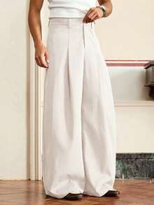 EASEVO Plus Size Men's Solid Color Pleated Waist Belt Loop Casual Loose Pants - Apricot - View 2