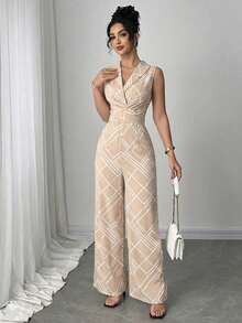 Elenzga 女士夏季几何印花腰部交叉设计无袖阔腿休闲连体裤 - 杏色 - 查看 6