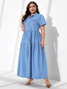 EMERY ROSE Plus Size Solid Color Front Button Ruffle Hem Short Sleeve Denim Dress - Light Wash - View 5