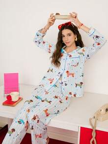 Chillnights 条纹爱心和彩色小狗印花长袖翻领女士睡衣套装 - 彩色 - 查看 4