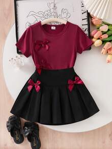 SHEIN 女童休闲短袖蝴蝶结装饰红色T恤搭配白色百褶裙套装，校园风夏季服装 - 酒紅色 - 查看 3