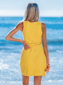 Sylviya 休闲简约街头风杏色短款二合一女式连衣裙，夏季女装，度假风 - 黃色 - 查看 2