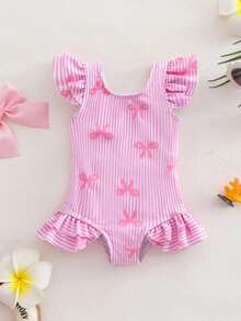 SHEIN Newborn Striped & Bow Print Ruffle One-Piece Swimsuit