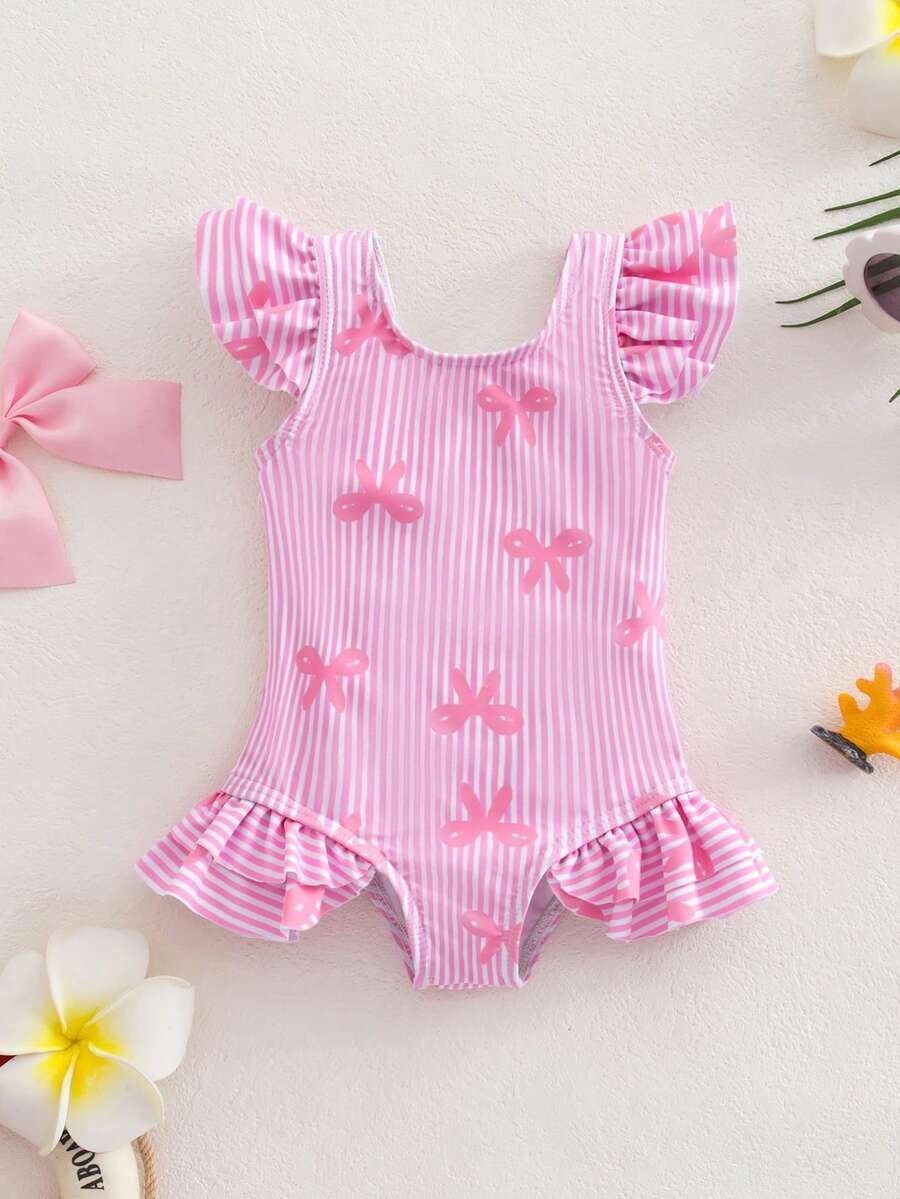 SHEIN Newborn Striped & Bow Print Ruffle One-Piece Swimsuit