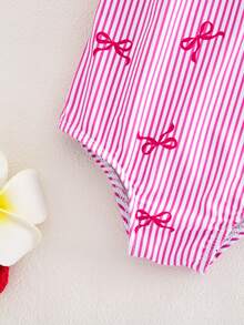 SHEIN Newborn Baby Girl Swimsuit With Bow And Striped Print, One-Piece