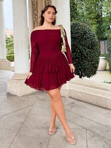 Nezia Cruz Plus Size Elegant Sweet Sexy Women's Black Mesh Asymmetrical Oblique Shoulder Long Sleeve Ruffled Hem Mini Dress, Fairy Core Dress, Suitable For Valentine's Day, Summer, Birthday, Plus Size Formal Party - Burgundy - View 1