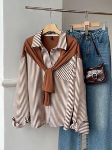 SHEIN EZwear Áo sơ mi dài tay nữ in họa tiết phối màu tương phản - Cà phê nâu - Xem 2