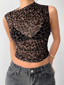 Siren Gaze Sexy Leopard Print Sleeveless Mesh Top For Women, Slim-Fitting And Subtly Sheer Design, Fashionable And Versatile Summer Camisole. Brown Leopard Print Top See Through Top Animal Print Top - Brown - View 3