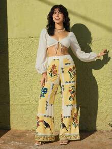Felipe Marques Women's Floral Print Flare Pants, Casual For Vacation, Party, Autumn/Winter/Spring - Yellow - View 1