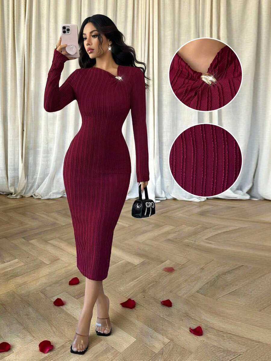 Elenzga Women's Asymmetric V-Neck Textured Fabric Belted Elegant Fitted Dress, Suitable For Christmas, New Year, Thanksgiving, Independence Day, Back To School, New Year Party, Burgundy - Burgundy - View 1